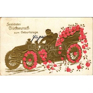 Herzlichen Glückwunsch zum Geburtstage / Carte postale d'anniversaire avec automobile et roses. Floral, Emb. litho ...