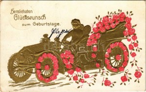 Herzlichen Glückwunsch zum Geburtstage / Carte postale d'anniversaire avec automobile et roses. Floral, Emb. litho ...