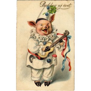 1927 Boldog Újévet ! / New Year greeting art postcard with clown pig (felületi sérülés / surface damage...