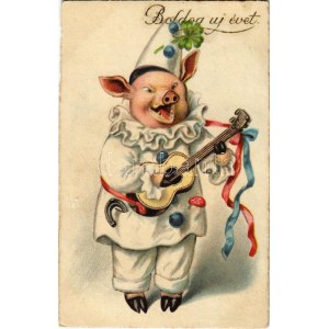 1927 Boldog Újévet! / Pocztówka z życzeniami noworocznymi z klaunem świnią (felületi sérülés / uszkodzenie powierzchni...