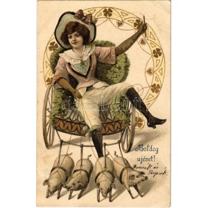 1907 Boldog Újévet! / New Year greeting art postcard with lady riding a pig-drawn carriage. Art Nouveau, floral, litho ...