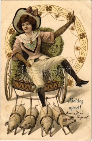 1907 Boldog Újévet! / Novoročná pohľadnica s dámou na koči ťahanom prasaťom. Secesná, kvetinová, litografická ...