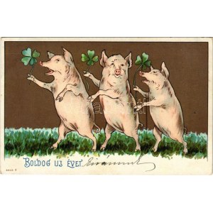 1901 Boldog Újévet! / New Year greeting art postcard with pigs holding clovers. litho (EK)