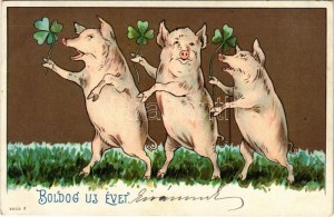 1901 Boldog Újévet ! / Carte postale de vœux pour la nouvelle année avec des cochons tenant des trèfles. litho (EK)