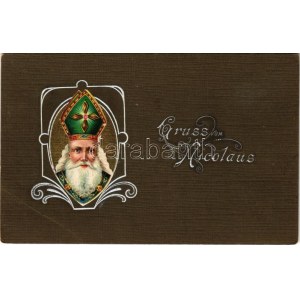 1907 Gruss vom Nicolaus / Üdvözlet a Mikulástól - dombornyomott / Saint Nicholas greeting, embosovaná litografie (EB...