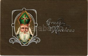 1907 Gruss vom Nicolaus / Üdvözlet a Mikulástól - dombornyomott / Saint Nicholas greeting, embosovaná litografia (EB...