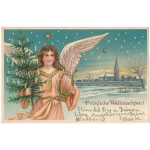 1904 Fröhliche Weihnachten / Christmas greeting art postcard with angel. Emb. Litho (Lyuk / Nadelloch...