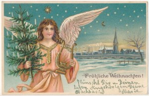 1904 Fröhliche Weihnachten / Cartolina artistica di auguri natalizi con angelo. Emb. litho (lyuk / foro stenopeico...