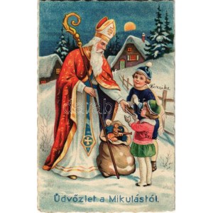 1932 Üdvözlet a Mikulástól / Saint Nicholas greeting. litografie (EK)