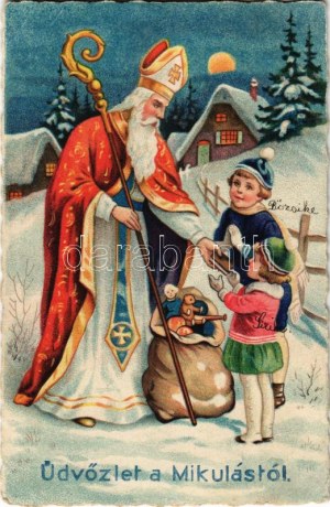 1932 Üdvözlet a Mikulástól / Saint Nicholas greeting. litografie (EK)