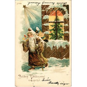 1900 Boldog karácsonyi ünnepeket / Saint Nicolas avec des vœux de Noël et des jouets. litho (EK)