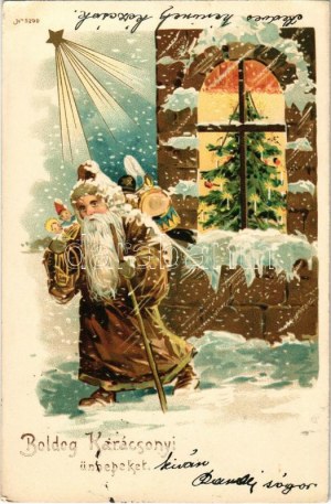 1900 Boldog karácsonyi ünnepeket / Saint Nicolas avec des vœux de Noël et des jouets. litho (EK)