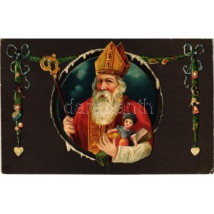1908 Mikulás / San Nicola con giocattoli. Emb. litografico (EK)