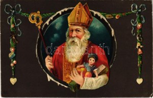 1908 Mikulás / Saint Nicolas avec des jouets. Litho emb. (EK)