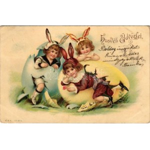 1901 Húsvéti üdvözlet, kisgyerekek nyuszi jelmezben / Easter greeting, children in rabbit costumes, litho (EK...