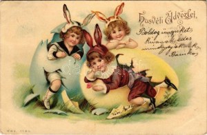 1901 Húsvéti üdvözlet, kisgyerekek nyuszi jelmezben / Vœux de Pâques, enfants en costumes de lapin, litho (EK...