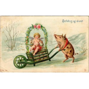 Boldog új évet ! Malac talicska / New Year litho greeting, pig wheelbarrow (EK)