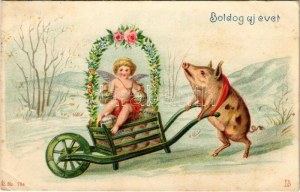 Boldog új évet! Malac talicska / Neujahrsgruß in Lithographie, Schweineschubkarre (EK)