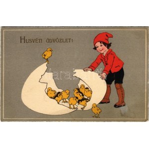 Húsvéti üdvözlet! Tojás csibékkel / Easter greeting, egg with chicken. Meissner & Buch Künstler-Postkarten Serie 2890...