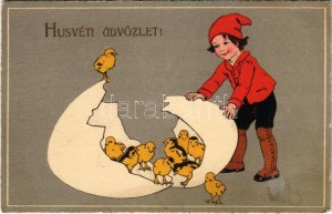 Húsvéti üdvözlet! Tojás csibékkel / Velikonoční pozdrav, vajíčko se slepicí. Meissner & Buch Künstler-Postkarten Serie 2890...