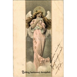 1903 Boldog karácsonyi ünnepeket. Szecessziós hölgy / Vœux de Noël, Art Nouveau lady litho
