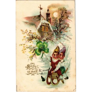 1904 Boldog új évet! Szánkózó törpék / New Year greeting, dwarves sledding, winter sport. litho (fl...