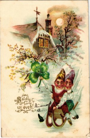 1904 Boldog új évet ! Szánkózó törpék / Vœux du Nouvel An, luge des nains, sport d'hiver. litho (fl...