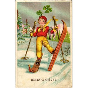 1941 Boldog újévet! Síelő gyerek, téli sport / Saluto al nuovo anno, bambino che scia, sport invernale. B. Co. B. 4974/3. litografia ...