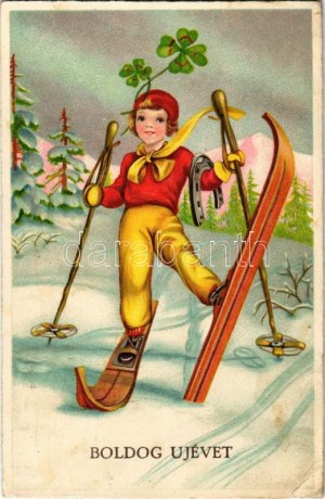 1941 Boldog újévet! Síelő gyerek, téli sport / Saluto al nuovo anno, bambino che scia, sport invernale. B. Co. B. 4974/3. litografia ...
