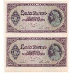 1945. 100P (2x) elő-és hátoldali fázisnyomat kettős ívben T:XF / Hungary 1945. 100 Pengő (2x) Vorderseite...