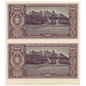 1945. 100P (2x) elő-és hátoldali fázisnyomat kettős ívben T:XF / Hungary 1945. 100 Pengő (2x) averz...