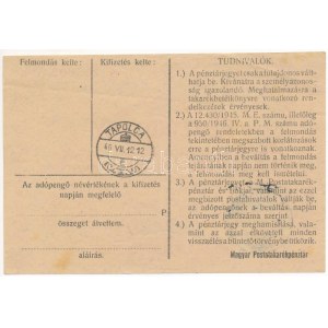 1946. 100.000AP nem kamatozó Pénztárjegy Másra át nem ruházható, előlapon TAPOLCZA, hátlapon TAPOLCA bélyegzéssel...