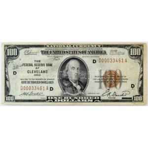 Amerikai Egyesült Államok / Ohio / Cleveland 1929. 100$ National Currency barna pecsét D 00033461 A T...