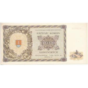 Szlovákia 1944. 5000K 4Kl 010019, SPECIMEN (MINTA) perforációval T:VF / Slovensko 1944. 5000 Korun 4Kl 010019...