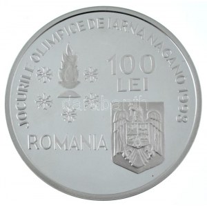 Románia 1998. 100L Ag XVIII. Téli Olimpia, Nagano - Bob kapszulában T:PP folt Rumunsko 1998. 100 Lei Ag ...