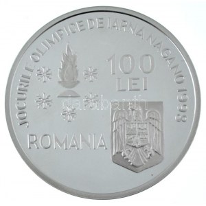 Románia 1998. 100L Ag XVIII. Téli Olimpia, Nagano - Bob kapszulában T:PP folt Romania 1998. 100 Lei Ag ...