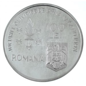 Roumanie 1998. 100L Ag XVIII. Téli Olimpia, Nagano - Síelő kapszulában T:PP folt Roumanie 1998. 100 Lei Ag ...