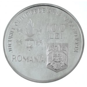 Rumunia 1998. 100L Ag XVIII. Téli Olimpia, Nagano - Síelő kapszulában T:PP folt Rumunia 1998. 100 Lei Ag ...