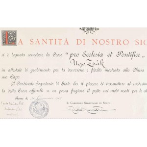 1908 A Pro Ecclesia et Pontifice XIII. Leó pápa által alapított kitüntetés adományozó oklevele...