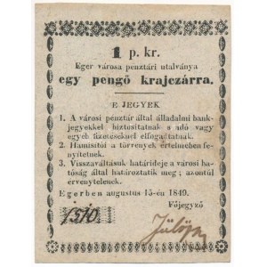Eger 1849. 1kr kézi aláírással, 1510 sorszámmal T:F szép papír / Węgry / Eger 1849. 1 Krajczár notatka o konieczności ...