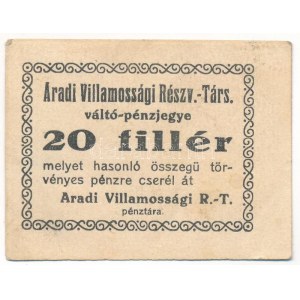 Arad ~1920. 20f Aradi Villamossági Részvénytársaság hátlapon bélyegzéssel T:AU / Ungheria ~1920. 20 Fillér ...