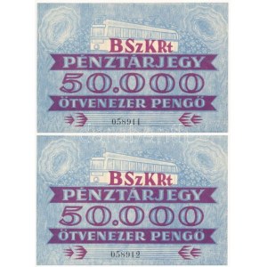 ~1945-1946. BSZKRT (Budapest Székesfővárosi Közlekedési Részvénytársaság) pénztárjegy 50.000P-ről (2x...