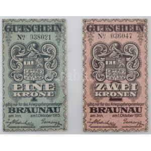 Ausztria / Braunau hadifogolytábor 1915. 1K 038021 + 2K 036047 T:AU / Austria / Campo di prigionia di Braunau 1915. 1 corona ...