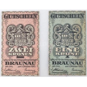Ausztria / Braunau hadifogolytábor 1915. 1K 038021 + 2K 036047 T:AU / Österreich / Braunau Kriegsgefangenenlager 1915. 1 Krone ...