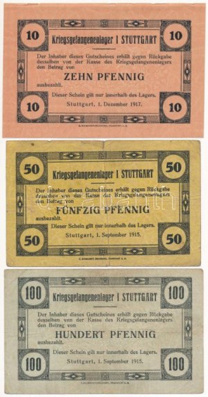 Német Birodalom / Stuttgart hadifogolytábor 1915. 10pf + 50pf + 1917. 100pf T:AU-VG / German Empire ...