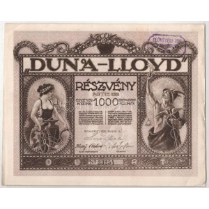 Budapest 1922. Duna-Lloyd részvény 1000K-ról bélyegzéssel, szelvényekkel T:VF / Hungary / Budapest 1922. Duna-Lloyd részvény 1000K-ról bélyegzésel, szelvényekkel.