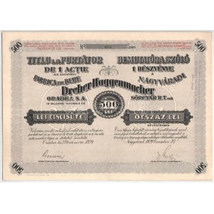 Rumunia / Nagyvárad 1929. Nagyváradi Dreher-Haggenmacher Sörgyár Részvénytársaság részvénye 500L-ről ...