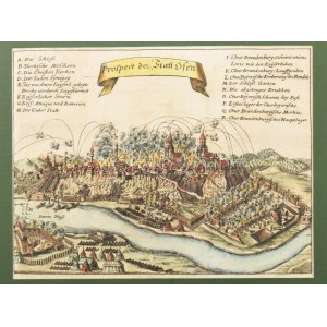 Buda és Pest rézmetszetű, színezett látképe. Buda 1686-os ostromának ábrázolása. Címe a kép feletti szószalagon...
