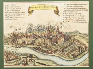 Buda és Pest rézmetszetű, színezett látképe. Buda 1686-os ostromának ábrázolása. Címe a kép feletti szószalagon...