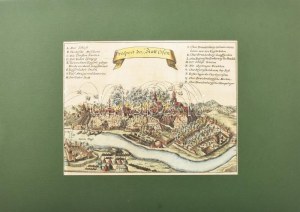 Buda és Pest rézmetszetű, színezett látképe. Buda 1686-os ostromának ábrázolása. W tym samym czasie w mieście...